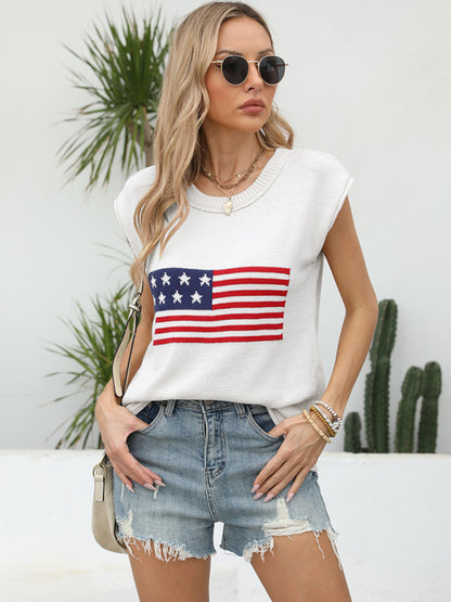 Independence Day Flag Knit Short Sleeve Sweater