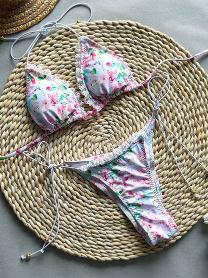 Floral Lace-Up Two-Piece Swimsuit