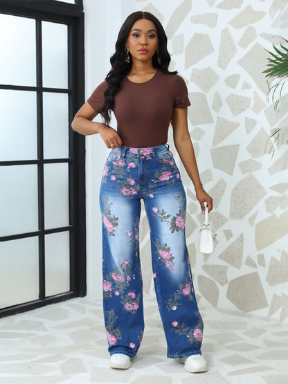 Floral Printed Wide Leg Pants Women's Jeans