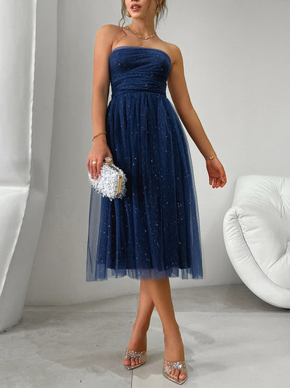 Strapless high waist mesh midi evening dress