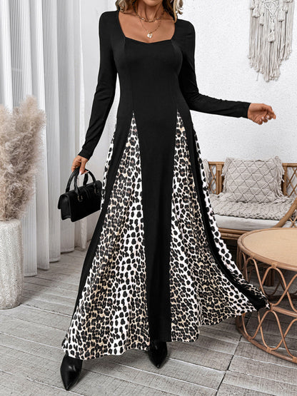 New leopard print stitching retro high waist long sleeve wide leg dress