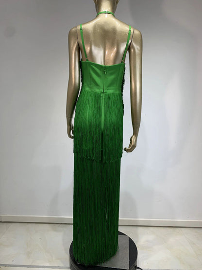 New green halter neck maxi dress with fringe hem for dinner party Dress