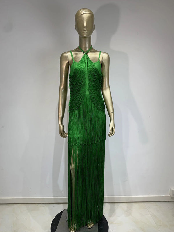New green halter neck maxi dress with fringe hem for dinner party Dress