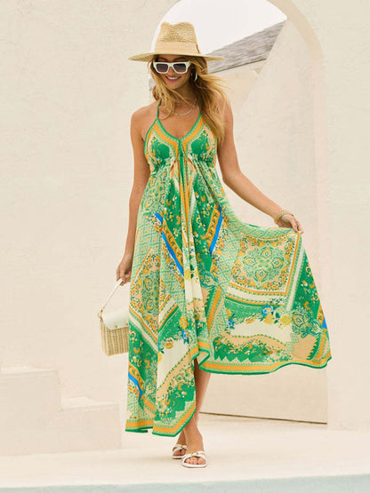 Casual holiday women's dress printed suspenders sexy mid-length skirt