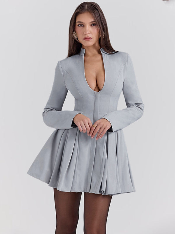 New Fashion Solid Color V Neck Pleated Hem Dress